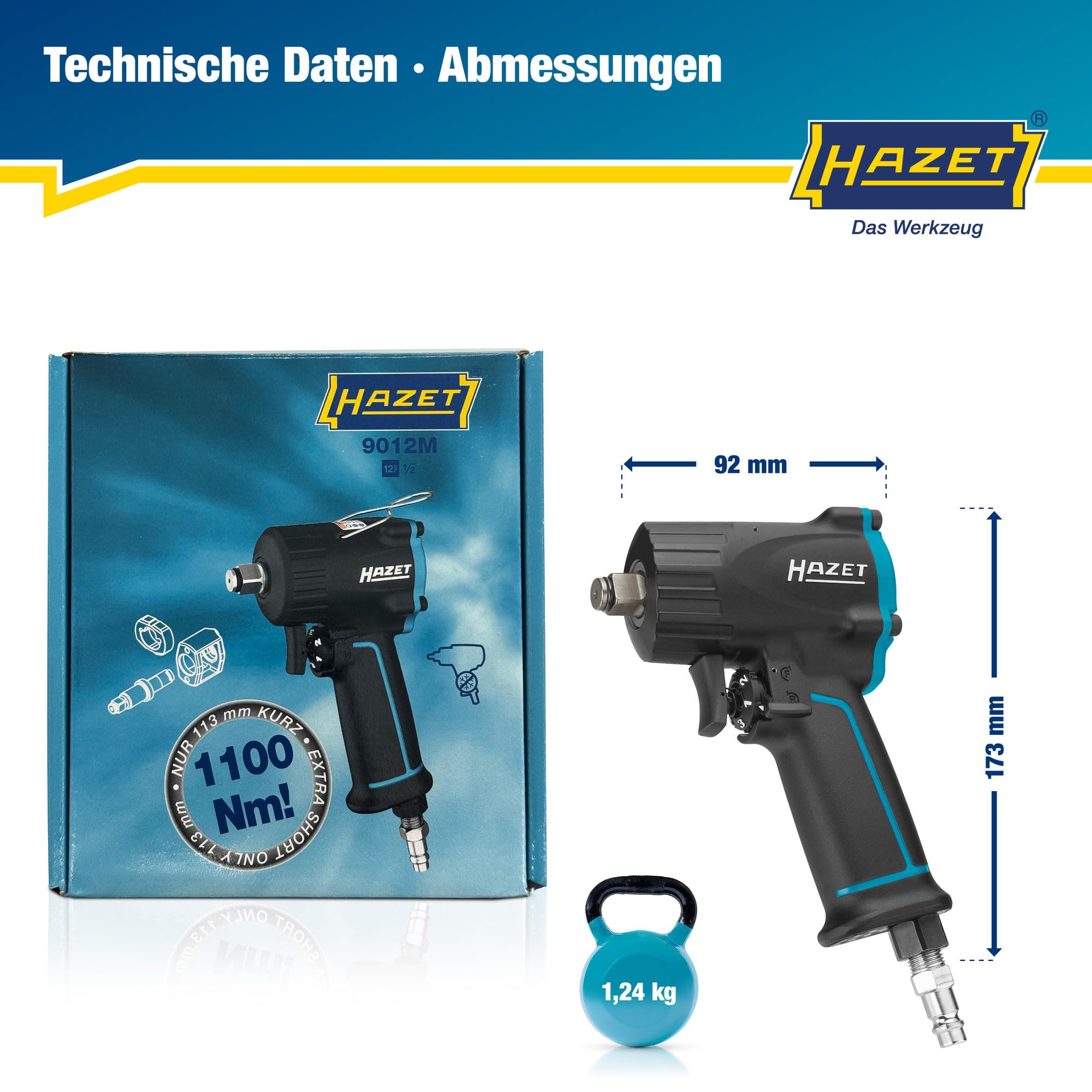 Hazet Druckluft-Schlagschrauber 9012M I Max. Lösemoment 1100 Nm, Vierkant 12,5 mm (1/2 Zoll) I vibrationsarm - Werkzeug zum Anziehen und Lösen von Schrauben 6