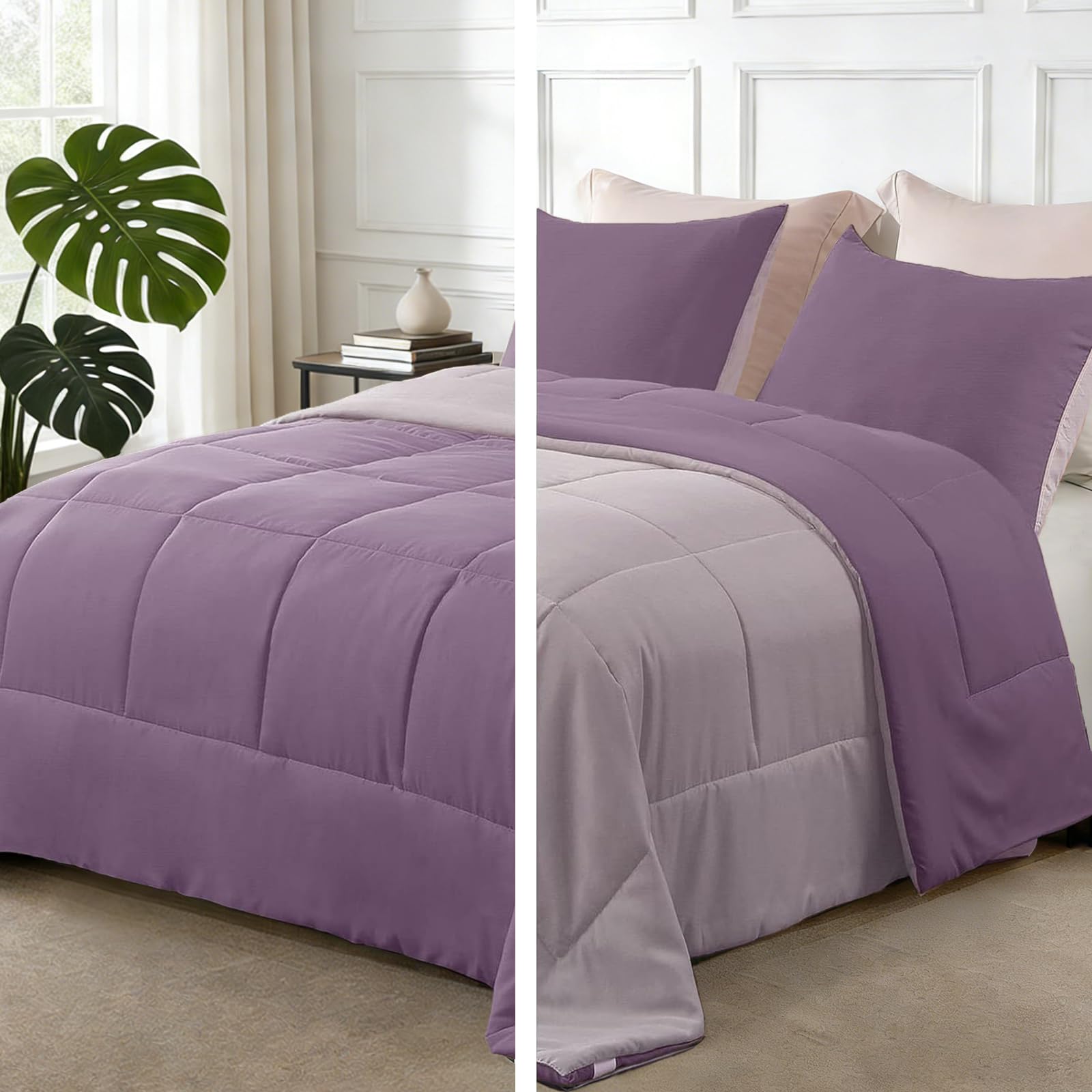 Photo 1 of Exclusivo Mezcla Lightweight Reversible Twin Size Comforter Set, Down Alternative Comforter with 1 Pillow Sham, Twin Size Bedding Set for All Seasons, Dusty Lavender/Lilac Ash