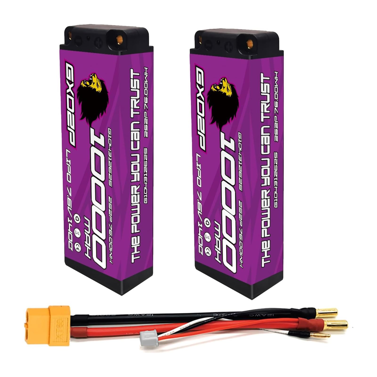 2S LiPo Battery 10000mAh 7.6V 140C GXDZP Hard Case XT60 Connector High Discharge RC Battery Pack for 1/10 1/8 Scale RC Cars Trucks Boats Aeroplanes Vehicles Hobby 2 Pack