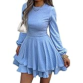 Evzeiem Womens Long Sleeve Knit Dress Casual Lantern Sleeve Crewneck Ruffle Short Flare A-Line Mini Sweater Dress