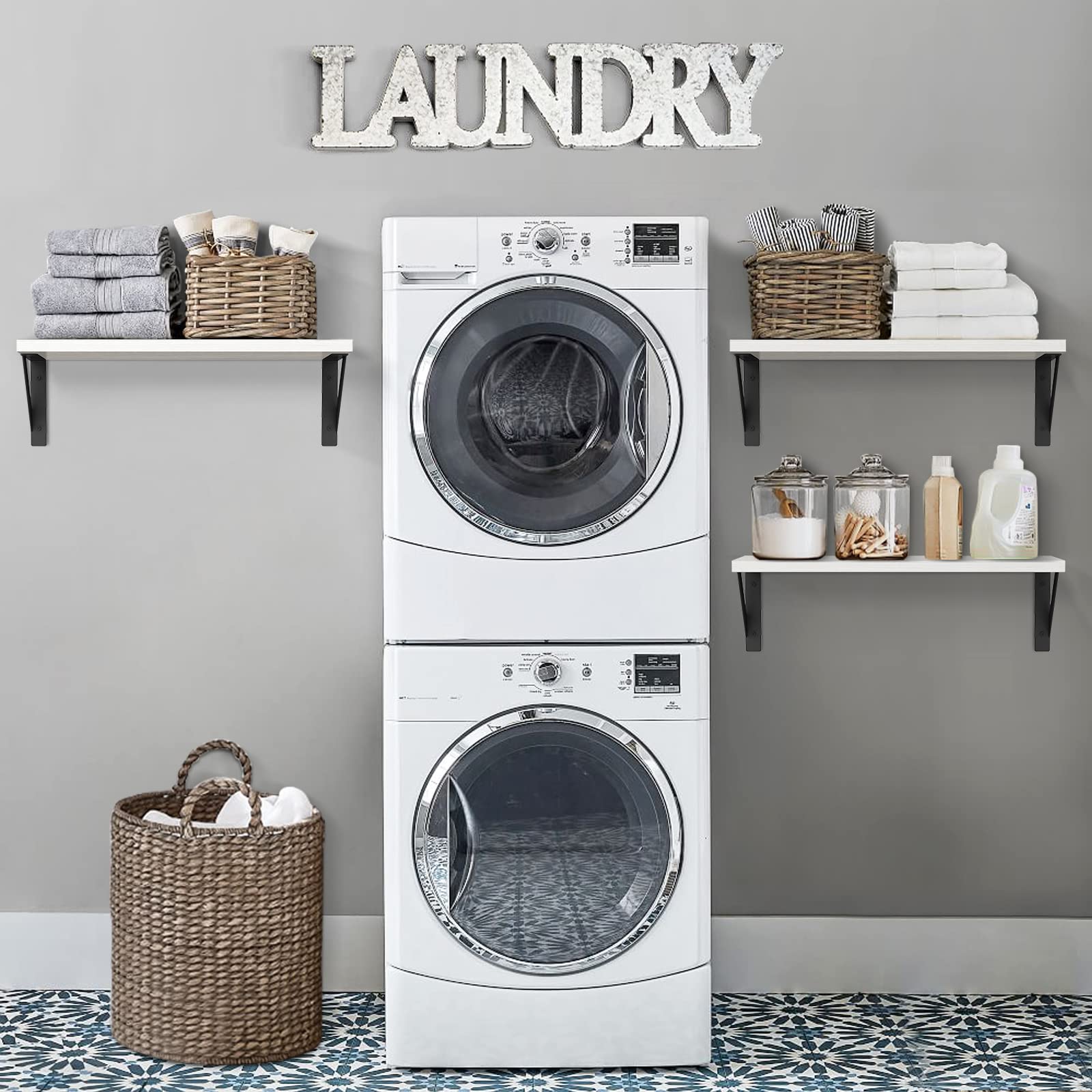 White Floating Shelves 24 inches Long Set of 3, 24 x 8 Inch Bathroom Wall Shelves Over Toilet for Towels, Modern Wood Mounted Storage Shelf for Bedroom Living Laundry Room Kitchen Office Closet