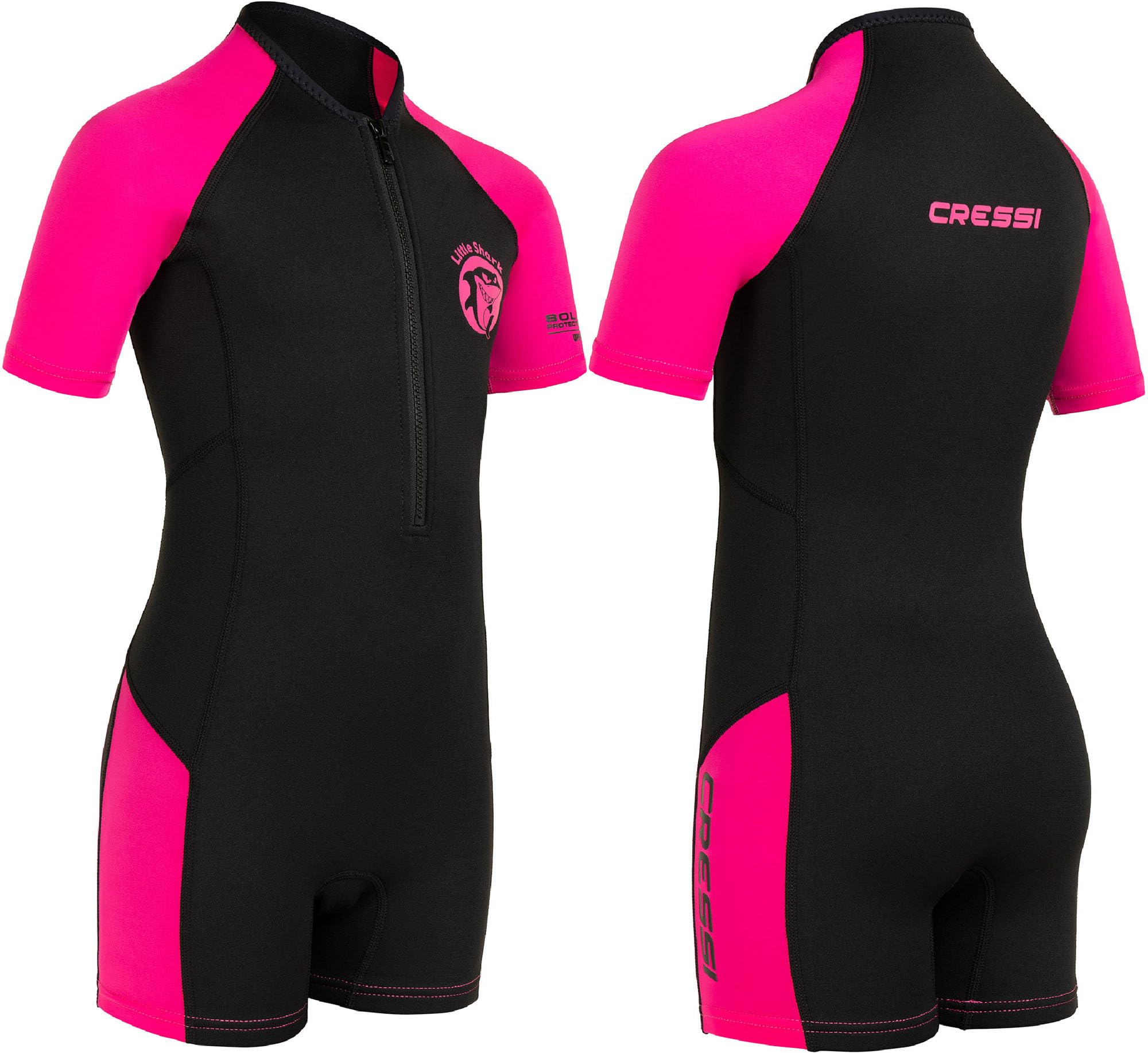 Cressi Little Shark Shorty Wetsuit - High-Stretch Neoprene for Kids Wetsuit - Short-Sleeve Swim Suit - Neoprene Swimsuit - Black/Pink - 11/12 Years