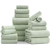 18 Pcs Green Woven Family Towels Set-6 Bath Sheets,6 Hand Towels,6 Washcloths Soft Polyester Towels Absorbent Shower Towel Quick Dry Beach Chair Towel Lint Less Towels Set for Bathroom Spa Gym Hotel