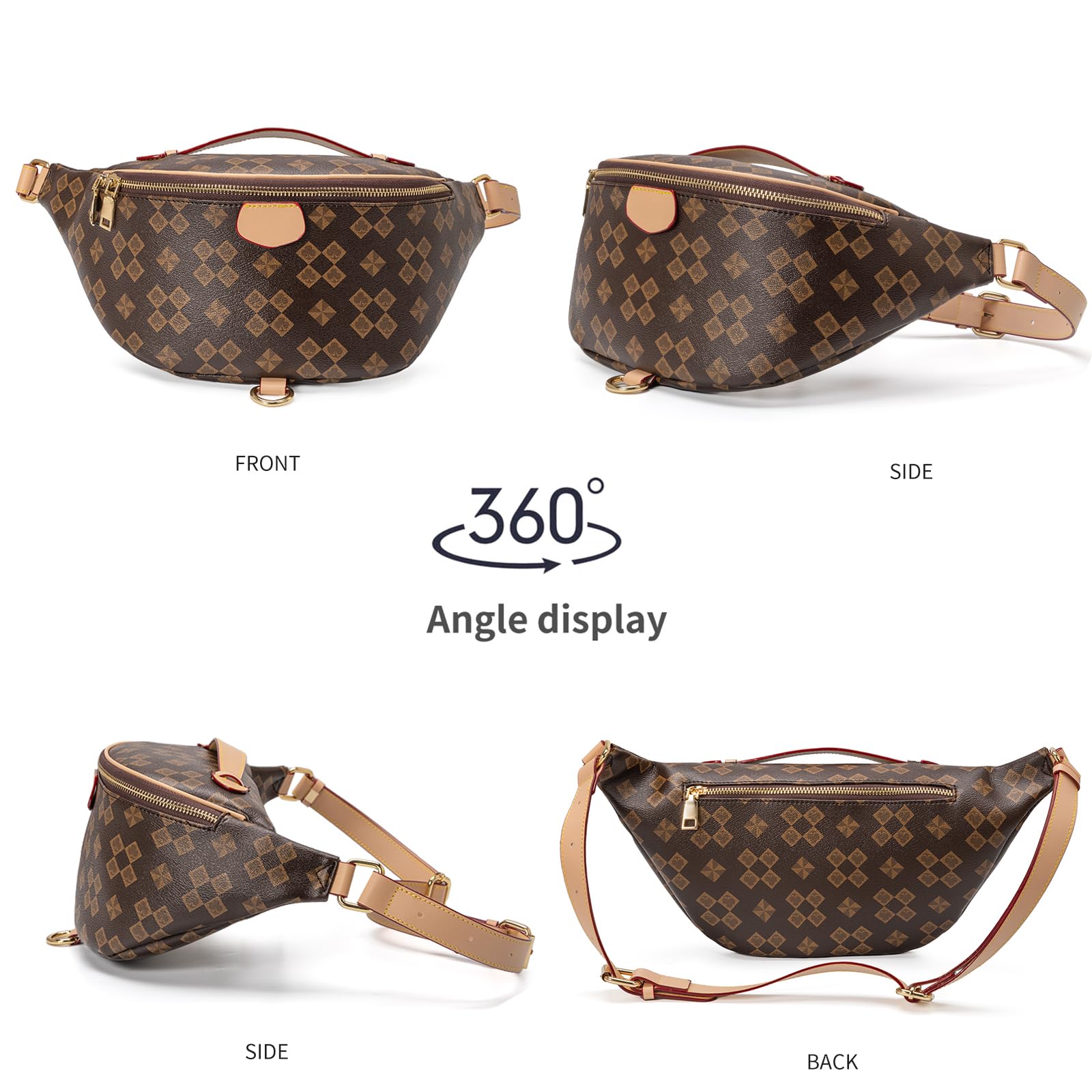 Crossbody Sling Bag for Women Fanny Pack with Adjustable Strap Large Opening Two-Way Zipper Closure Chest Trendy Checkered Belt for Daily Shopping Travel (Brown)