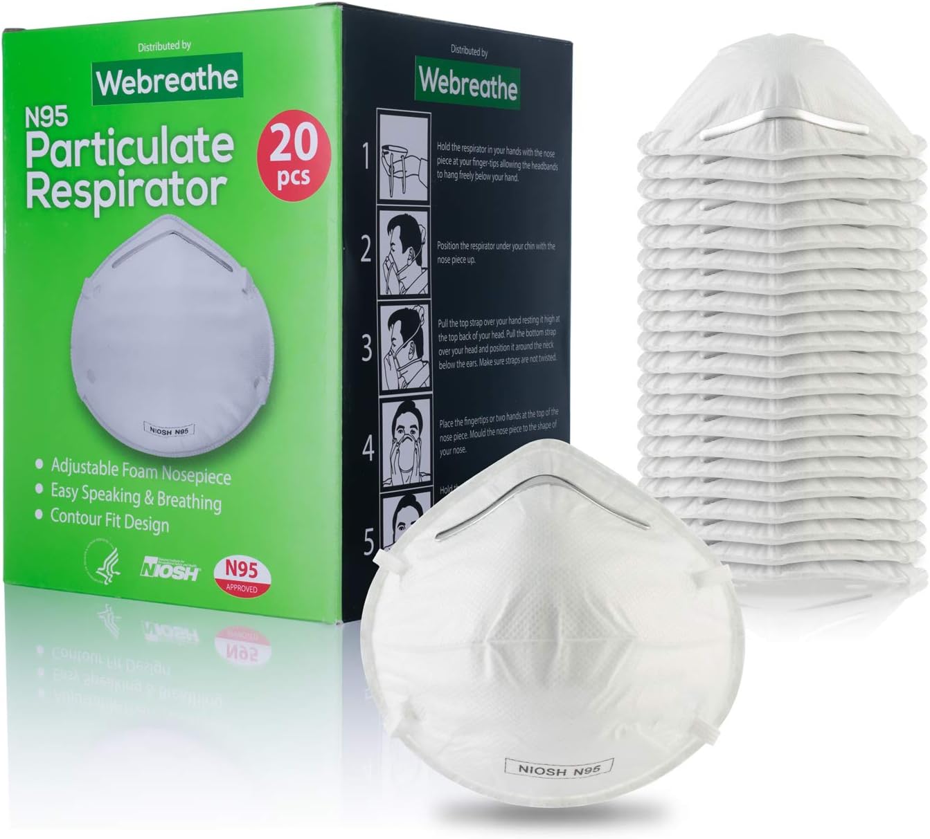 Disposable dust masks respirators for face - NIOSH certified - Safety N95 respirator mask (20 pack) for construction, cleaning, surgical operations and more
