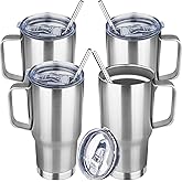 20 oz Tumbler with Handle Stainless Steel Insulated Coffee Mug Tumbler with Lid and Straw Double Wall Vacuum Insulated Coffee Mug Leak Proof Travel Mug Tumbler for Hot and Cold Drink (Silver,4pack)