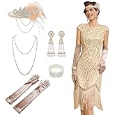 Fashinex 1920s Dresses for Women, Roaring 20s Great Gatsby Flapper Dresses Fringed Sequin Vintage Dress with Accessories Set