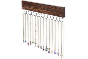 Lolalet Hanging Jewelry Organizer with 15 Hooks, Wooden Necklaces Hanger Easy Install Wall Mount Necklace Holder for Bracelet