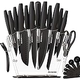 Astercook Knife Set with Block and Sharpener, 22 Piece Kitchen Knife Set Dishwasher Safe, Space-Saving Clear Knife Block with Knives for Everyday Home Cooking Black