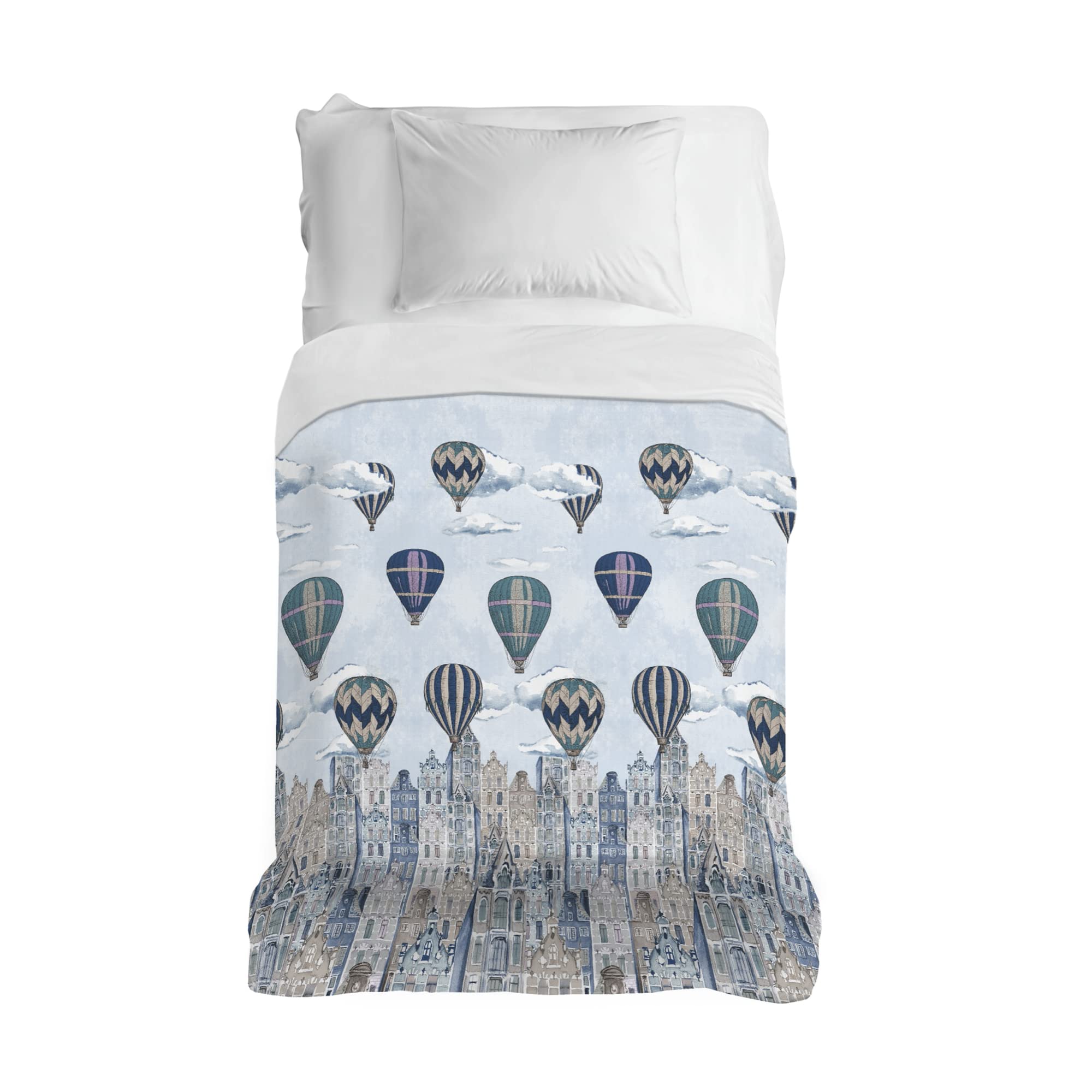 PENSIERI DELICATI Bedspread 170 x 280 cm, Single Sheet 100% Cotton Pique, Ideal as a Furniture Cover, 1 Square Bed Blanket, Blue Flying Pattern, 100% Made in Italy