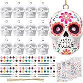 Seenelling 12 Set Halloween Skull Ceramic to Paint DIY Sugar Skull Ornament | Paint Your Own Skeleton with Brush and Palette, Dia De Los Muertos Sugar Skull Hanging Decor, Halloween Day of The Dead Craft