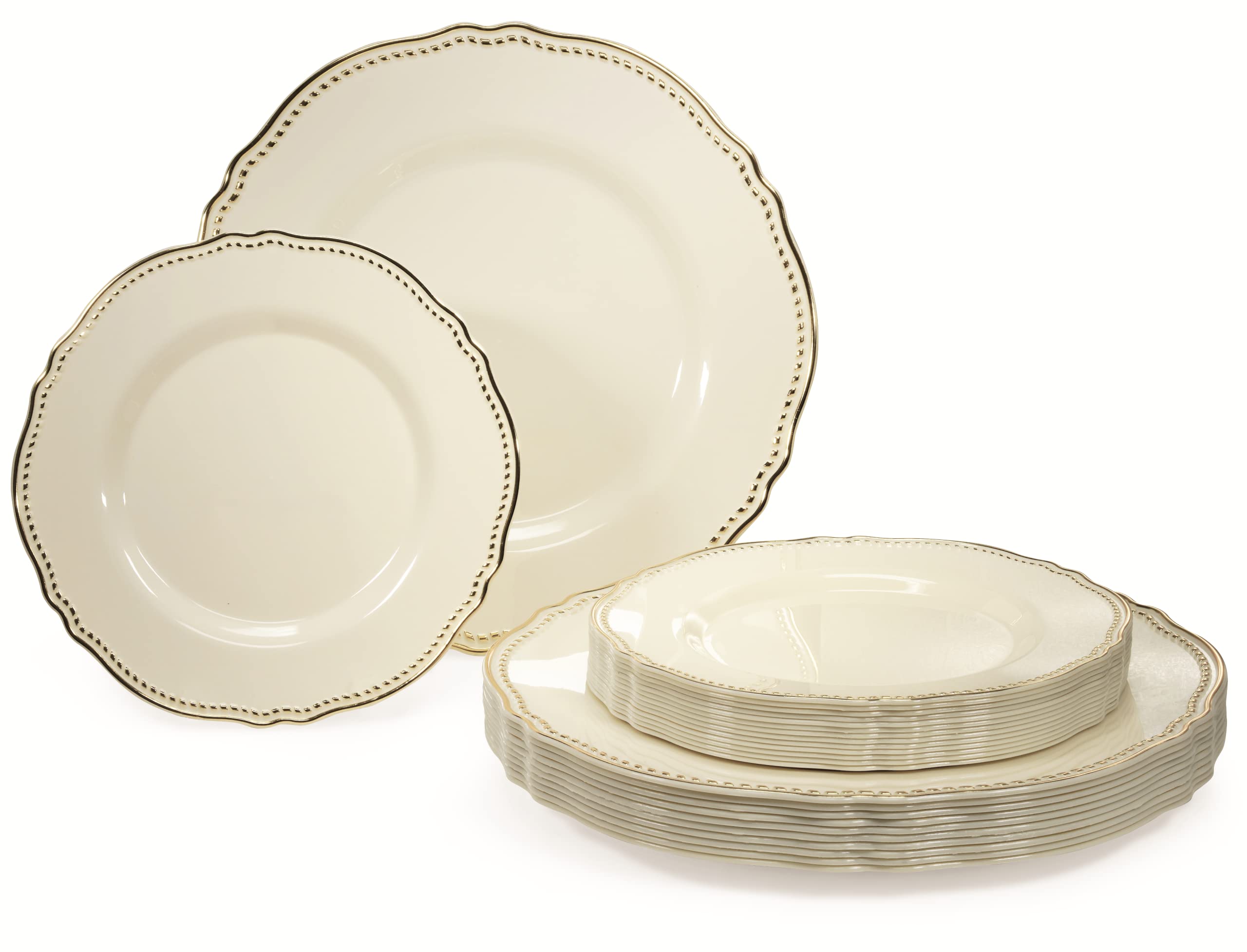 Photo 1 of " OCCASIONS " 50 Plates Pack (25 Guests)-Heavyweight Wedding Party Disposable Plastic Plate Set -25 x 10.25'' Dinner + 25 x 7.5'' Salad/dessert plates (Rochelle Ivory and Gold)