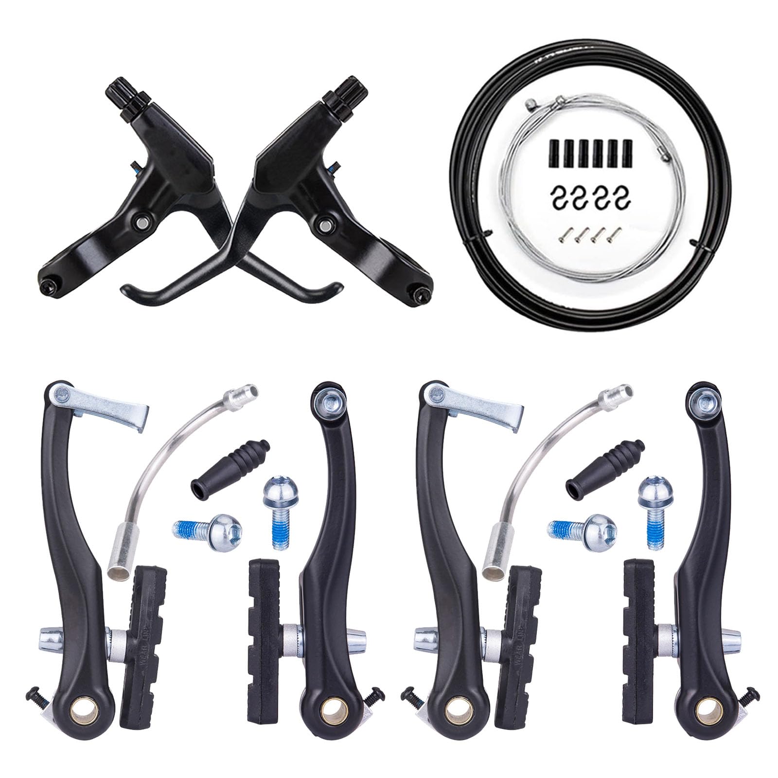 Mimoke 2 pairs of V-brake brake set brakes for bicycles, V-brakes front and rear brake with 60 mm brake pads, finger brake lever, bicycle brake cable, aluminium (V brake + brake lever + brake cable)