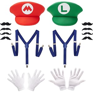 PUVKVE 8 Pcs Halloween costume adult hats Super bros Red and Green Accessories White Gloves, Blue Suspenders, Mustaches