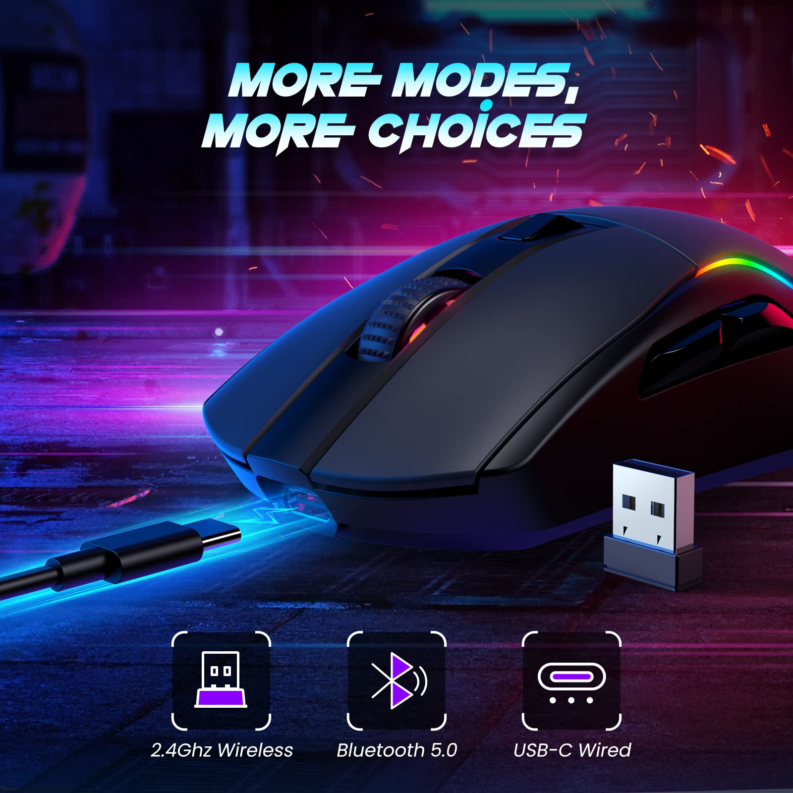 RisoPhy Lightweight Wireless Gaming Mouse, 20000 DPI Wired/Wireless Mouse with RGB Charging Dock, 6 Programmable Buttons, RGB Bluetooth Mouse for PC/Mac/Laptop Gamer-Black