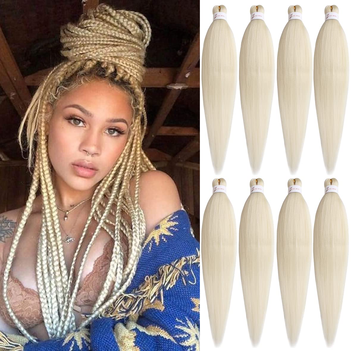 Leeven 26'' Pre Stretched Braiding Hair Extension 8 Packs Yaki Straight EZ Braids Natural Blonde Low Temperature Synthetic Hair Fibers for Braiding /26 Inch 613#