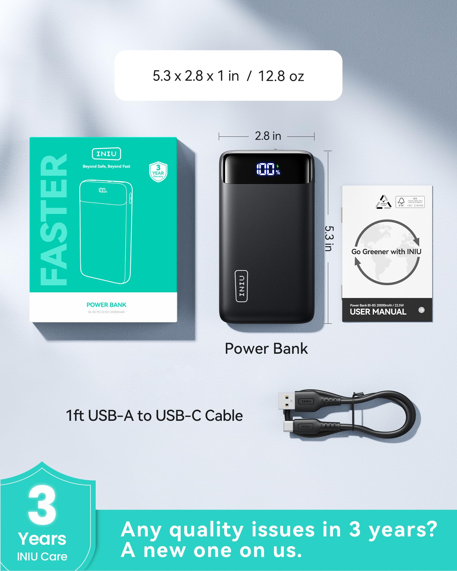 INIU Portable Charger, 22.5W 20000mAh USB C in & Out Power Bank Fast Charging, PD 3.0+QC 4.0 LED Display Phone Battery Pack Compatible with iPhone 16 15 14 13 Pro Samsung S23 Google iPad Tablet, etc