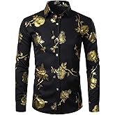 ZEROYAA Mens Hipster 3D Golden Rose Floral Printed Slim Fit Long Sleeve Button Down Dress Shirts