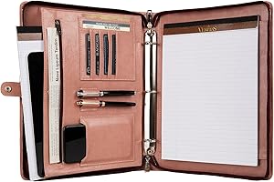 DUKE&COW 3 Ring Portfolio Binder for Women, Vegan Leather Binder Padfolio, Pink Leather Binder with Zipper, Handmade Portfolio Oranizer, Personalized Portfolio Folder for Lefty & Righty (Pink, Non-Custom)