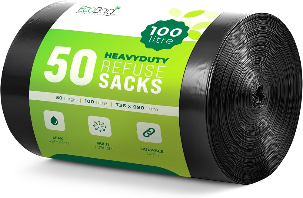 EcoBag 50 Pack Strong Heavy Duty Refuse Sacks 100L 33 Micron Recyclable
