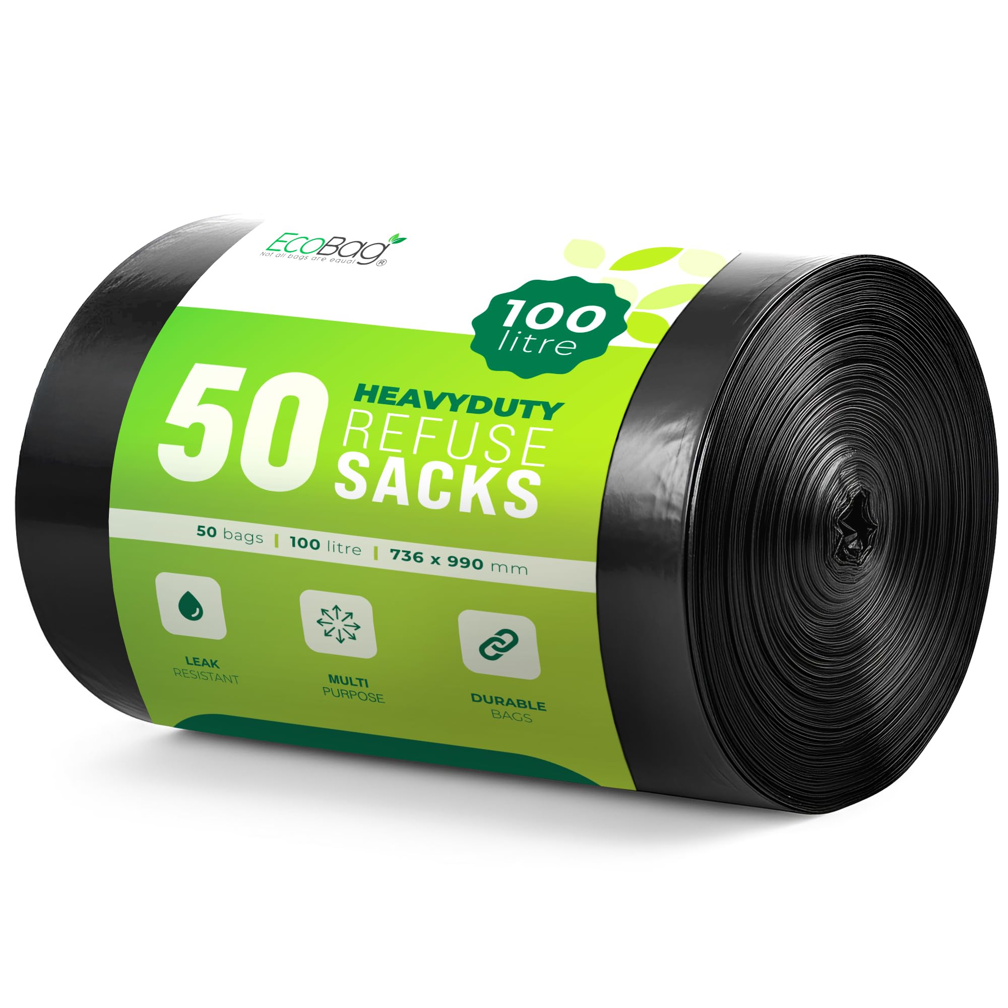 EcoBag - 50 Pack Strong Heavy Duty Refuse Sacks - Recyclable Bin Bags, Leak Resistant, Eco-Friendly, Durable Waste Disposal Bags For Large Kitchen Bins, Pedal Bins, Household, 33 Micron (Μm) /100l