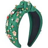 ABONDEVER Christmas Headband for Women - Rhinestone Beaded Knotted Crystal Jeweled Tree Wide Reindeer Hair Accessories Gifts (Christmas Green)