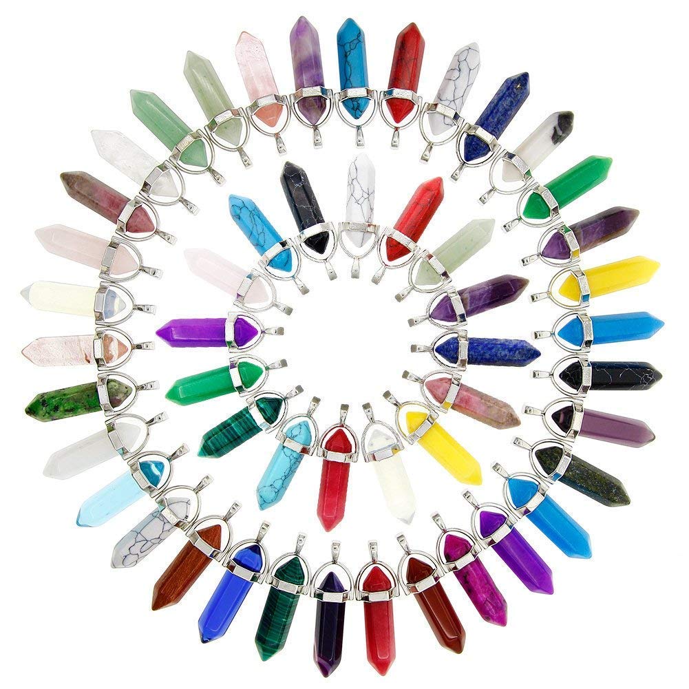 Heart Shaped Stone Pendants Charms Crystal Chakra Beads for DIY Necklace Jewelry Making, Assorted Color (50pcs Bullet Shape)