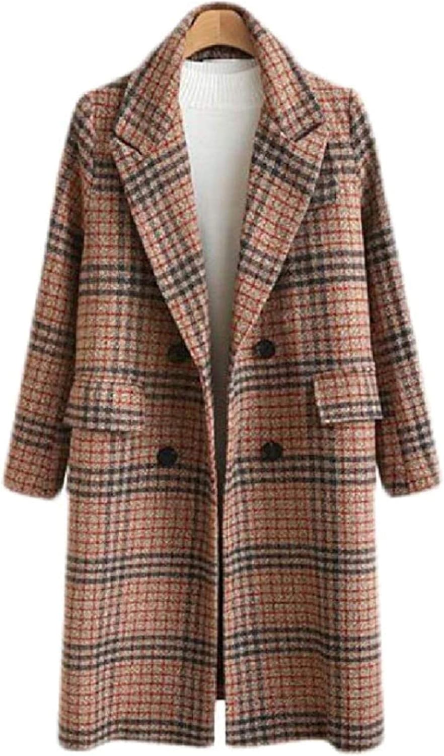 Women Loose Fashion Plaid Print DoubleBreasted Wool Overcoat Pea Coat