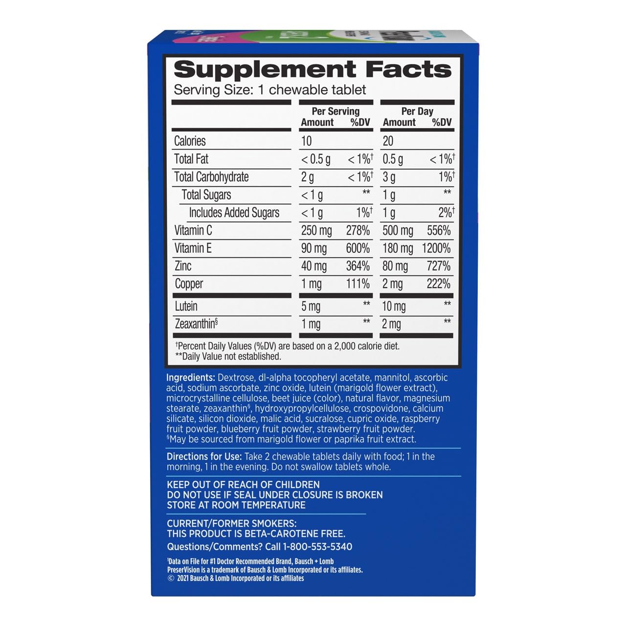 PreserVision AREDS 2 Eye Vitamins, #1 Eye Doctor Recommended Brand, Chewable Lutein and Zeaxanthin Supplement with Vitamin C, Vitamin E,Zinc, and Copper, Mixed Berry, 60 Tablets