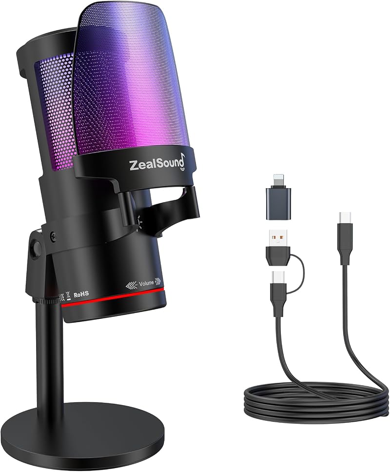 Zealsound KM8 USB Microphone RGB Studio Mic with Gain Mute Noise Cancellation