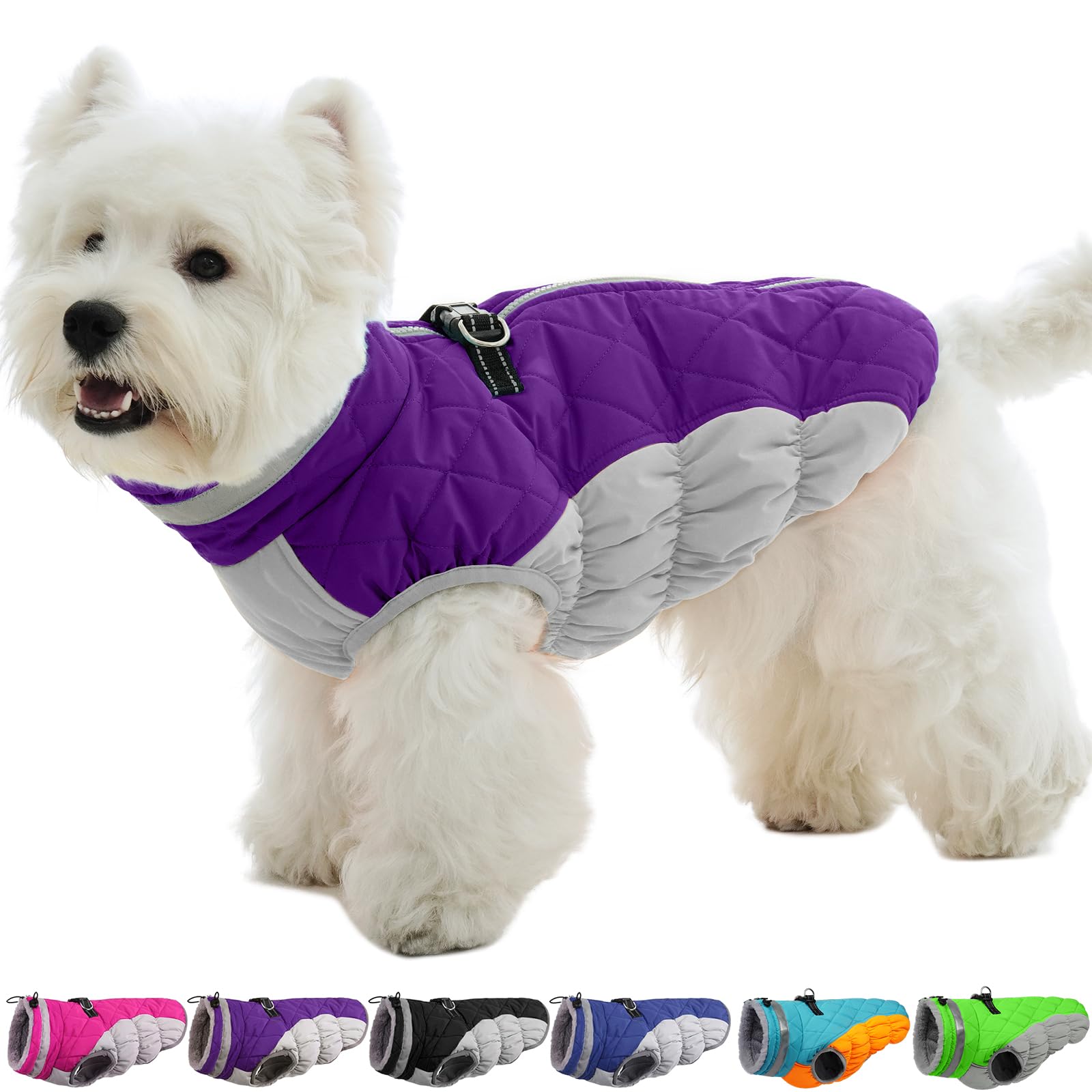 OUOBOB Dog Coat - Fleece Vest With Built-in Harness, Cold Weather Snowsuit, Waterproof Winter Jacket, Windproof Puffer for Small Dogs - Purple S