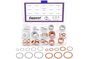 Swpeet 160Pcs M6 M8 M10 M12 M14 M16 M18 M20 Oil Drain Plug Crush Washer Kit, Aluminum and Red Copper Flat Washers, Oil Drain 