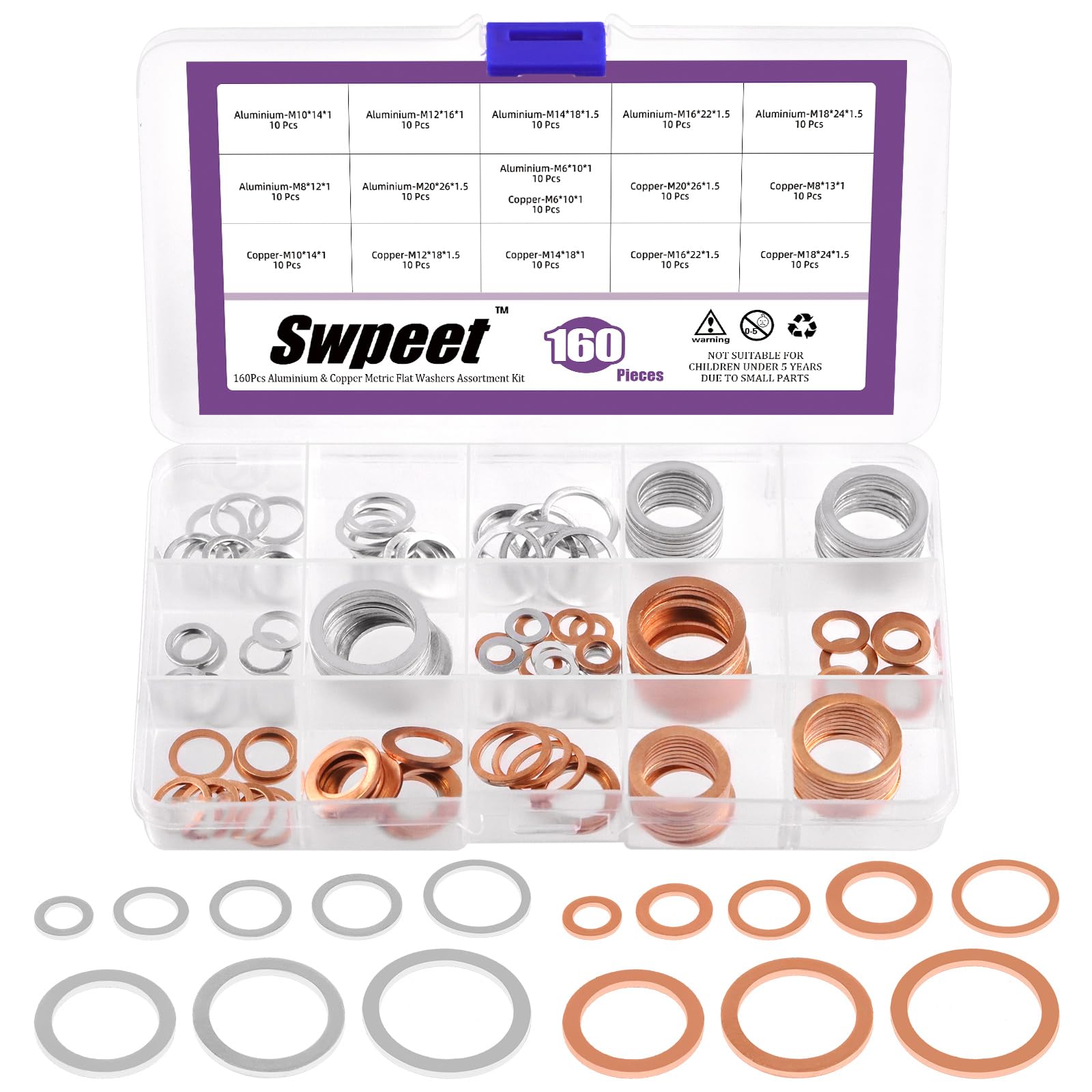 Swpeet 160Pcs M6 M8 M10 M12 M14 M16 M18 M20 Oil Drain Plug Crush Washer Kit, Aluminum and Red Copper Flat Washers, Oil Drain Plug Gaskets Flat Washer Sealing Ring Gasket for Cars