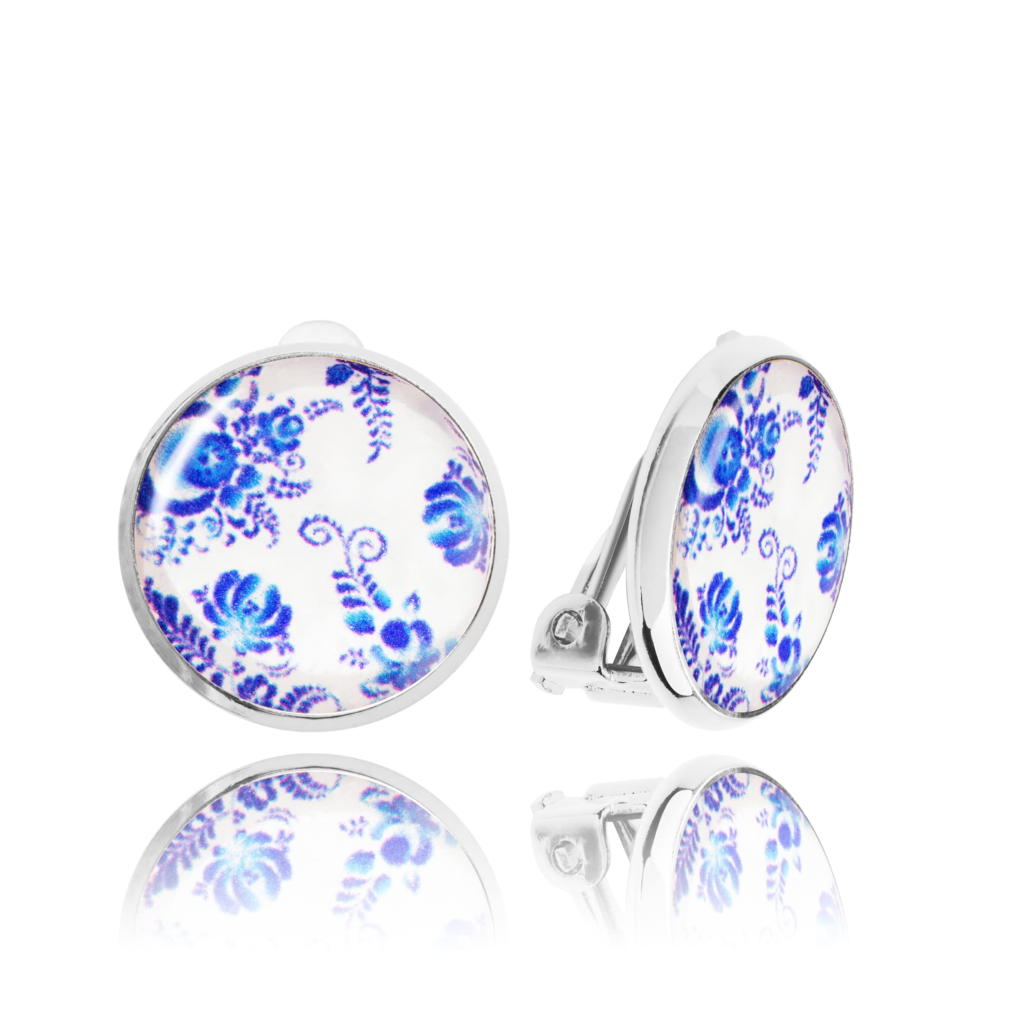 Round Small Clip on Earrings for Women, Elegant Non-Pierced Design (19 - White Blue Silver Art)