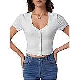 SweatyRocks Women's Crop Eyelet Tops V Neck Lettuce Trim Short Sleeve T Shirts