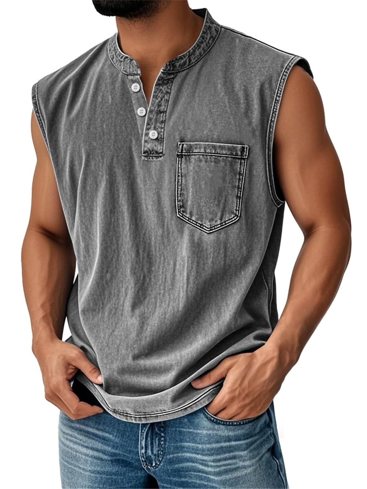 Photo 1 of Men Tank Tops Henley Shirts Sleeveless Muscle Gym Workout Running Beach Summer Vintage Button Down Tank Tops (XX-Large,Gray)
