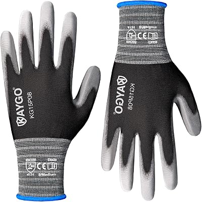 KAYGO KG15P PU Coated Work Gloves 12 Pairs M Black Nylon Liner Precision