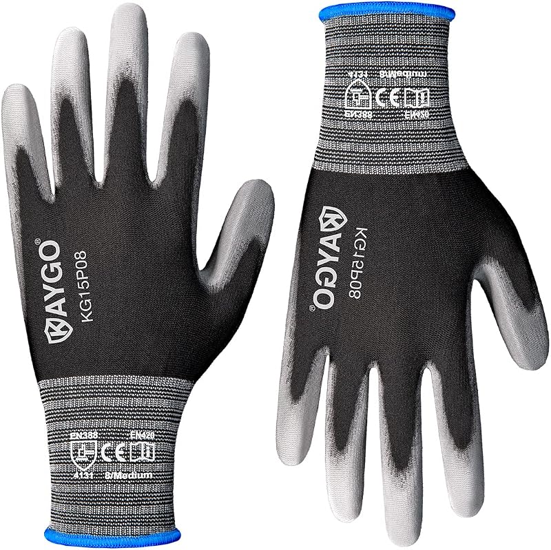 KAYGO KG15P PU Coated Work Gloves 12 Pairs M Black Nylon Liner Precision