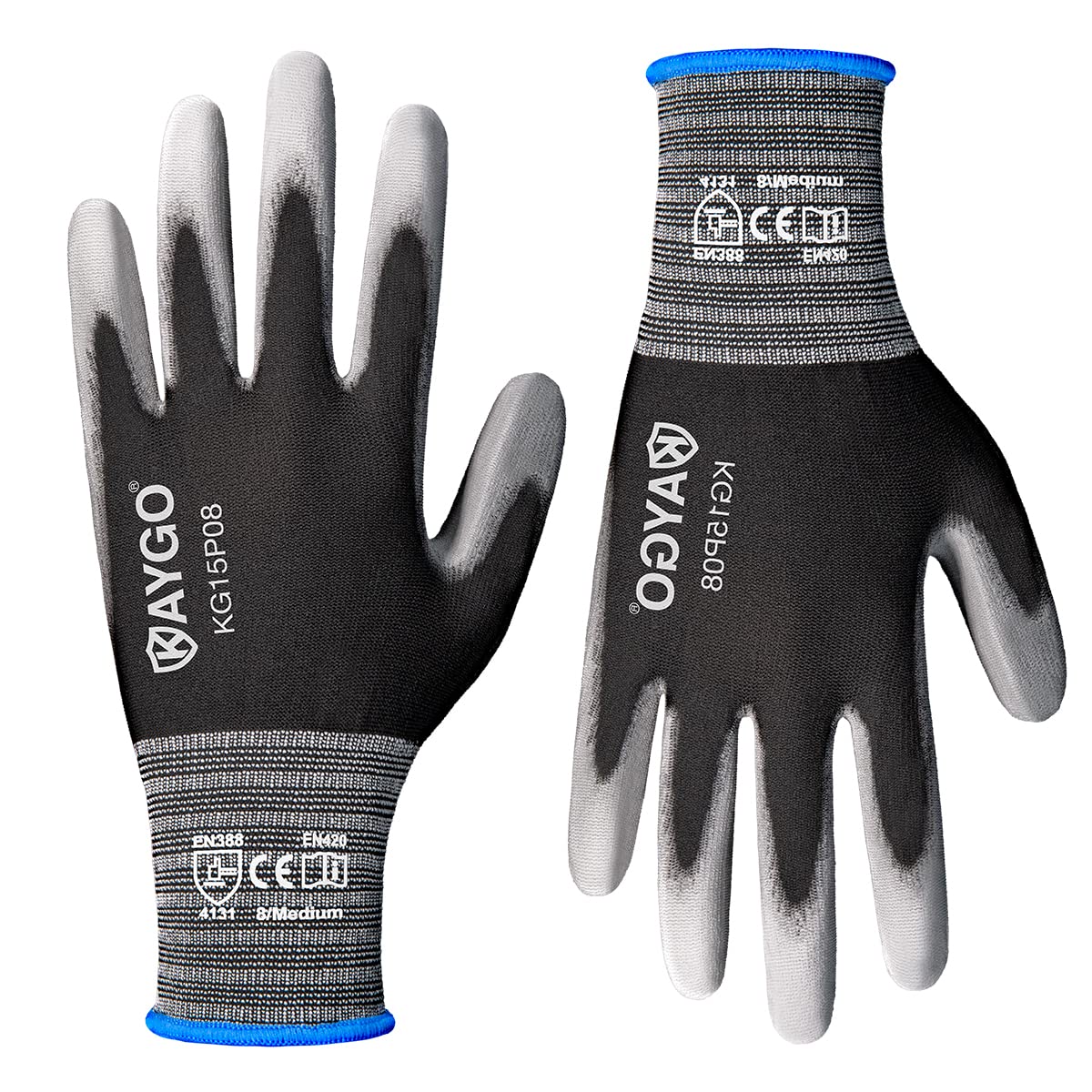 KAYGO Thin Work Gloves PU Coated 12 Pairs, KG15P, Nylon Liner with Flexible Polyurethane Coating Lightweight Safety Work Gloves for Precision Handling Work, DIY, Assembly, Warehouse (Black, M)