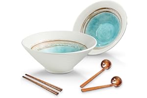 mehrido Ceramic Ramen Bowl Set, 2 Sets 34 Ounces Large Japanese Noodle Soup Bowls with Spoons and Chopsticks for Soup Udon So