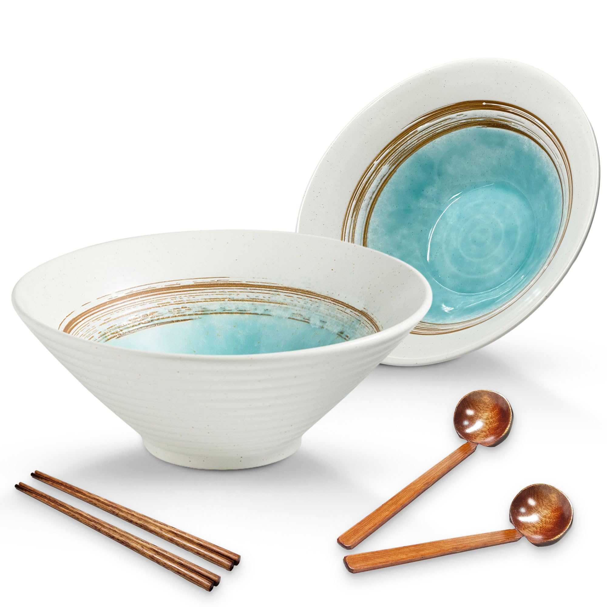 mehrido Ceramic Ramen Bowl Set, 2 Sets 1000ml Large Japanese Noodle Soup Bowls with Spoons and Chopsticks for Soup Udon Soba Pho Asian Noodles Pasta Salad