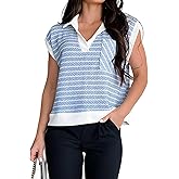 Evzeiem Women's Dressy Casual Tops Business Work Blouses White Striped Lapel Collar Shirts Cap Sleeve V Neck Tshirt