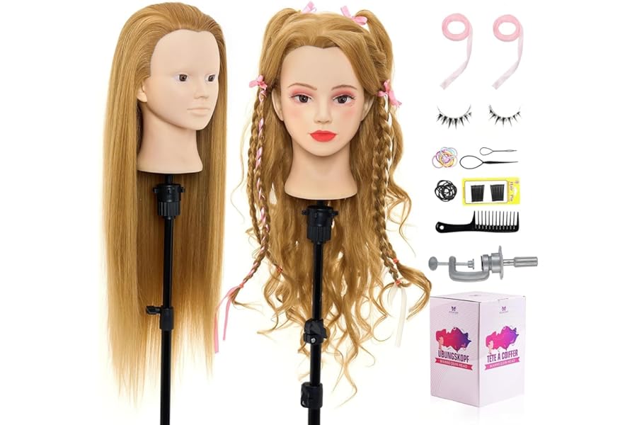 Mannequin Head with 80% Real Human Hair – 28 Inch Makeup Cosmetology Manikin Doll Head for Hair Styling, Training Practice Braiding Mannequin Head with False Eyelashes Hair Styling Set