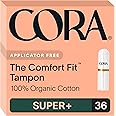 Cora 100% Organic Cotton Non-Applicator Tampons | Ultra-Absorbent, Unscented, Natural, Non-Toxic, Applicator Free | Eco-Conscious (36 S+ Tampons)