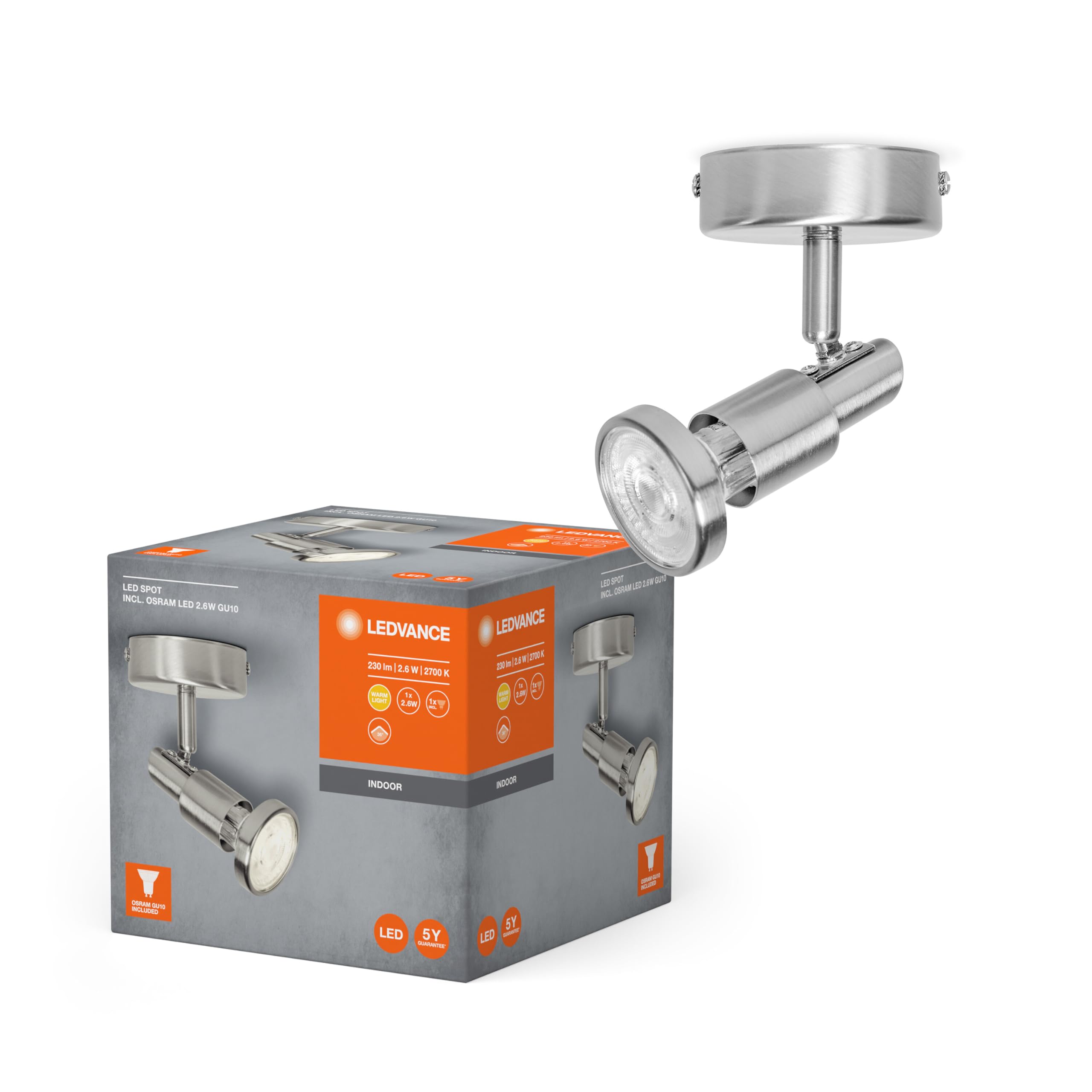 LEDVANCE, Silver LED Spotlight, 2-Flame High-Quality Spotlight Made of Aluminum, Suitable for Indoor Walls and Ceilings, Replaceable GU10 Lamps Included, Warm White (2700K), 3W, LED SPOT GU10 2x3W