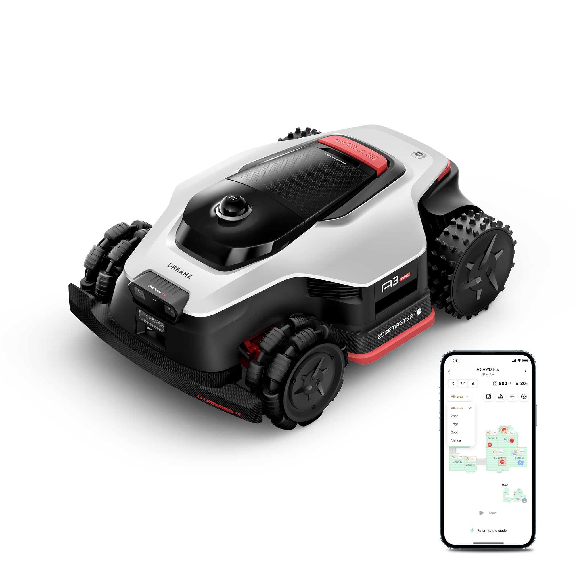 DREAME A3 AWD Pro 3500 Robot-Rasenmäher, für 3500 m², 4WD-Nabenmotoren, ohne RTK, 360° 3D-LiDAR & KI-Vision, Steigfähigkeit bis zu 80% (38,7°), EdgeMaster 2.0: ＜ 4 cm Kantenpräzision