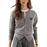 Women's Grey Cardigan, Crew Neck Button up Cropped Long-Sleeve Lightweight Sweater with Heart Pattern