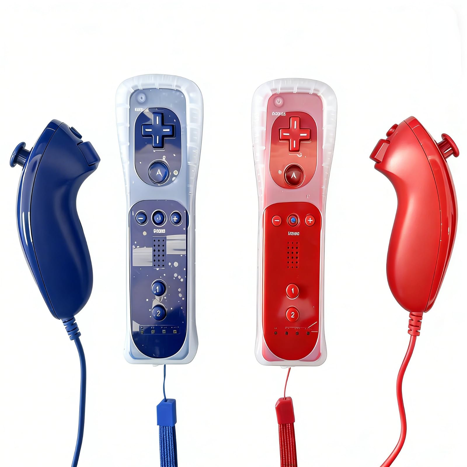 MAREKINEKO 2 Packs Remote Controller for Wii,with Nunchuck Controller, silicone case and wristband(blue and red)