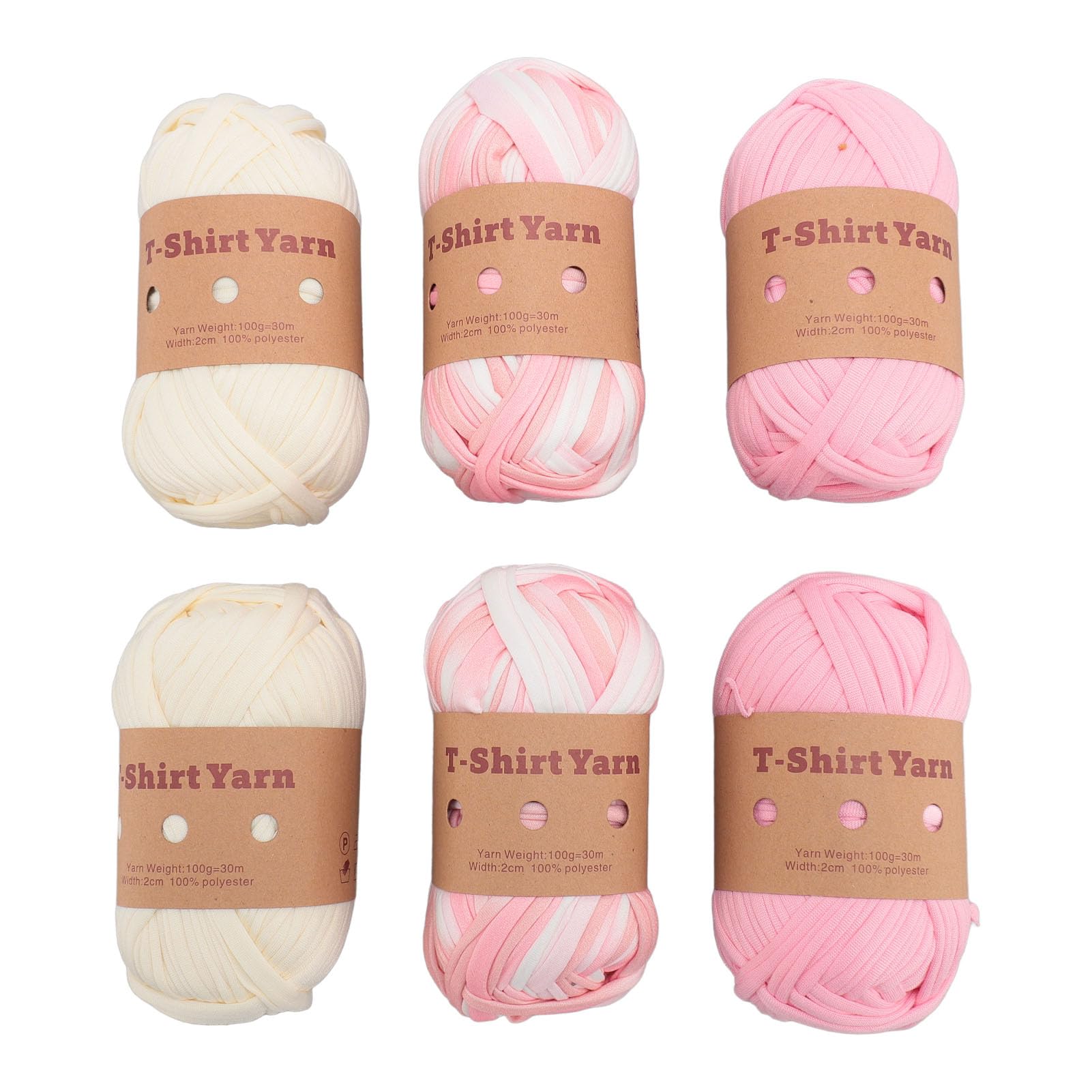Tissting 6 Pcs T Shirt Yarn, 180m/600g Elastic Ribbon Yarn Thick Crochet Fabric for Crocheting, Pink White Polyester Fabric Ribbon for Crochet Bag Blanket Rugs DIY Projects