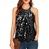JASGOOD Halter Sequin Tank Tops for Women Sleeveless Sparkly Glitter Club Ruched Flowy Shiny Party Concert Shirt Back Ribbon
